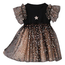 Robe en maille à paillettes étoiles pour petites filles, manches papillon, col rond, noire – Convient aux tailles 4 ans