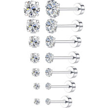7 Pairs Round Cubic Zirconia Earrings 316L Stainless Steel Stud Earrings Flat Back Stud for Women Men, Silver