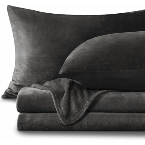 Σεντόνια Flannel Queen Size Σκούρο Γκρι - Σετ Σεντόνια Super Soft Fleece Fluffy Extra Plush, 4 Τεμάχια