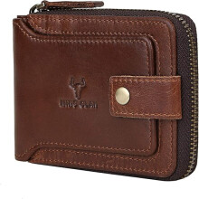 ZCZipper Men's RFID-Blocking Leather Bifold Wallet with ID Window, Zip Coin Pocket & Big Capacity – Brown