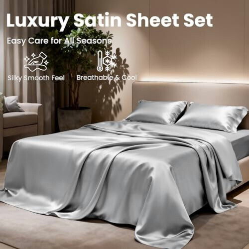Satin Sheet Set Silver 3-Piece Deep Pocket Luxury Feel 2