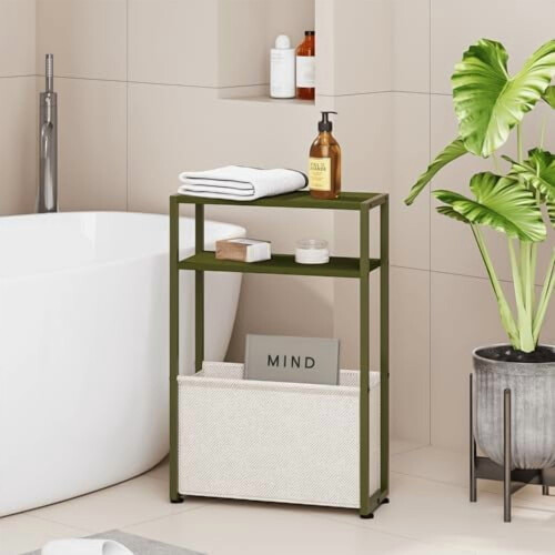 Slim Side Table with Fabric Basket Forest Green Camel Brown