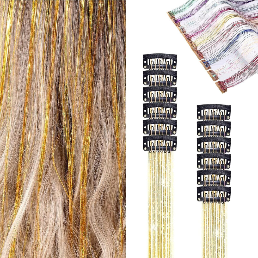 Unisex 6Pcs Champagne Hair Tinsel Clips, 20" Glitter Extensions, Fairy Hair Kit Â Compatible With All Hair Types