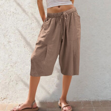 Naisten kiristysnyörilliset leveälahkeiset culottes-housut – mattapintaiset, taskuilla varustetut, nailonista ja spandexista valmistetut, lyhytt