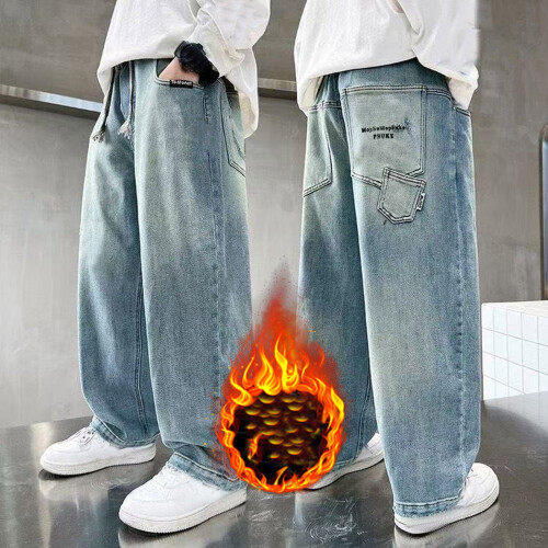 Jean ample doublé thermique pour garçon, bleu clair, taille 12-13 ans 1