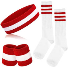 5 Pieces Sweatbands Striped Socks Set Sports Headband Wristbands High Tube Socks 80s Accessories Costumes