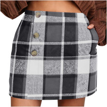Damen-Minirock mit Karomuster, hohem Bund, elastischem Bund, Knopfverschluss, Taschen, 50 % Wolle/50 % Polyester, Herbst/Winter, Größen S–2XL