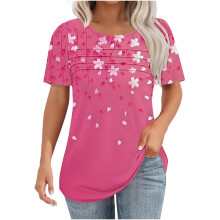 Tuniques bouffantes à manches courtes pour femmes, blouses d'été à col rond plissé et imprimé floral, t-shirts amples et élégants,