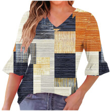 Camicetta da donna casual con stampa, scollo a V, maniche a tre quarti e volant plissettati – Tessuto confortevole, vita alta elasticizzata, ideale