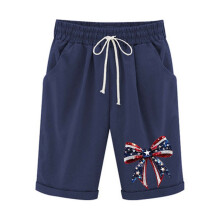 Shorts femininos patrióticos - Calça curta casual estampada para o 4 de julho com cintura elástica, bolsos laterais e comprimento médio.