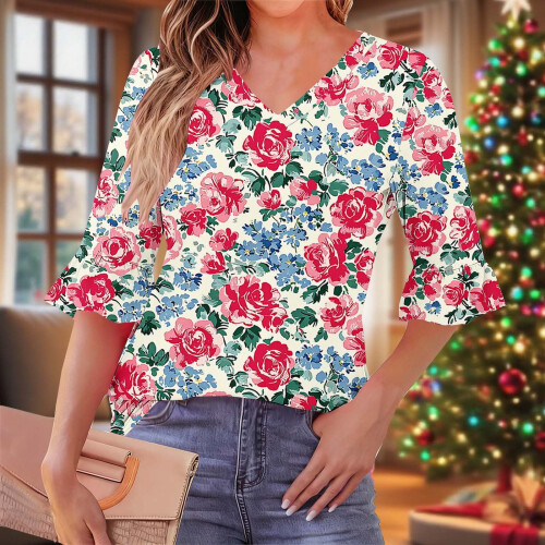 Γυναικεία Μπλούζα με V-Neck, Σχέδιο και Βολάν, με λάστιχο στη μέση, για την 2