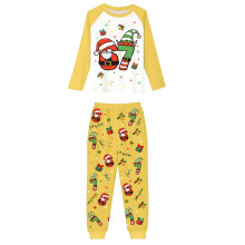 Bijpassende kerstpyjama's voor het hele gezin, top met lange mouwen en feestelijke print en broek, 2-delige nachtkleding, unisex geel, feestkleding