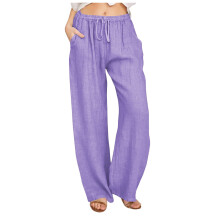 Women's Relaxed Fit Wide Leg Cotton-Linen Slacks, Elastic Waist & Drawstring, Casual/Work Trousers – Compatible with All Day Wear