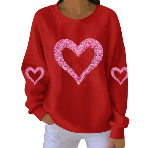 Felpa da donna a coste con scollo rotondo e cuore per San Valentino, lunga