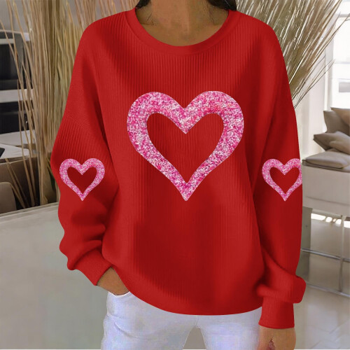 Felpa da donna a coste con scollo rotondo e cuore per San Valentino, lunga 1