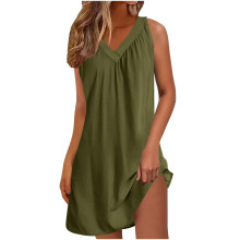 Dam Ärmlös V-ringad mjuk och lätt sommarnattlinne med veck, stretchig och bekväm – Plusstorlek S–2XL