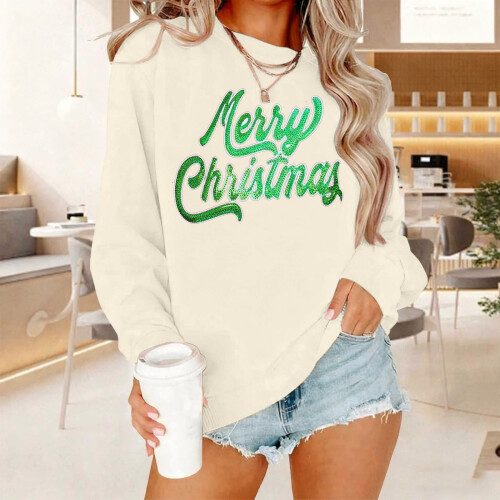 Weihnachtspullover für Damen, Rundhalsausschnitt, Langarm, Freizeit-Tops, leichte Pullover, Beige, Größe S 1
