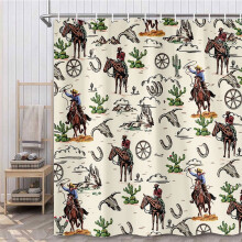 Rusztikus Western zuhanyfüggöny, Farmház Vadnyugati Cowboy Lovak Patkó Hosszúszarvú, Vízálló Vintage Kaktuszminta, 137x187 cm, 12 Akasztóval