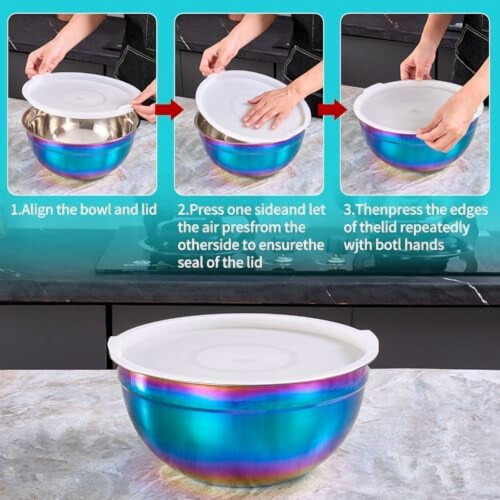 4-Pc Rainbow Mixing Bowls with Lids, Stainless Steel, Nesting, Space-Saving, Compatible with Kitchen Use 2