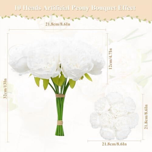 Peonia artificiale in seta con stelo, 10 pezzi, bianco puro 1