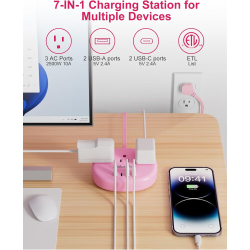 Régua de tomadas rosa com proteção contra surtos, 5FT3AC4USB 1