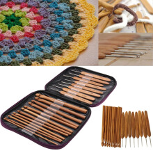 20Pcs Carbonize Bamboo Crochet Hooks Knitting Needles Craft With Purple Case