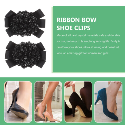 Black Crystal Bow Shoe Clips – Silk Ribbon, 1 Pair 2