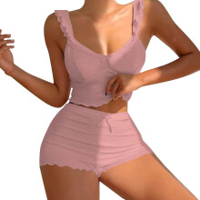 Sexigt pyjamasset för kvinnor - Shorts med hög midja | Avslappnad loungewear | Enfärgad volangpyjamas S-3XL