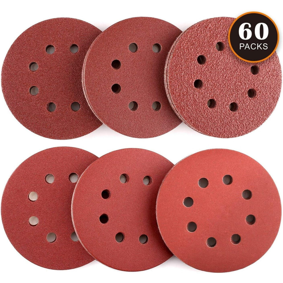 60Pcs 125Mm Sanding Discs Compatible With Makita, Bosch, Dewalt, Ryobi, Random Orbit Sanders 10Pcs Each Of 40,60,80,120,180,240 Grit 9357860776769