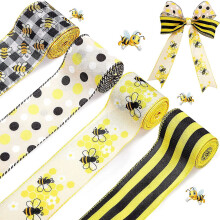 5-Yard Bumble Bee Burlap Ribbon, Yellow/Black Dots Plaid, Wired Edge – Craft, Gift Wrapping, Party Decor, Hair Bow, Sewing