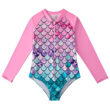 Lasten ja tyttöjen pitkähihainen rashguard-uimapuku vetoketjulla, yksiosainen uimapuku, 1-12-vuotiaille tytöille, UPF50+ aurinkosuojakerroin,