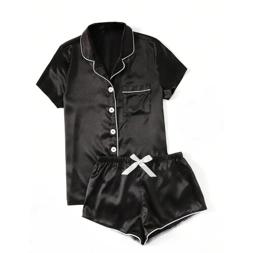 Dame Pyjamassæt Satin Casual Home Button Pyjamassæt Sort BM 1