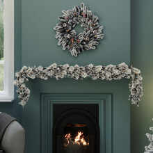 CHARLES BENTLEY Pre-Lit Snowy Red Berry and Pinecone Garland, 180cm, Warm White Plug-In LED Lights, Artificial Tree, Snow-Dusted Green Foliage, Full &