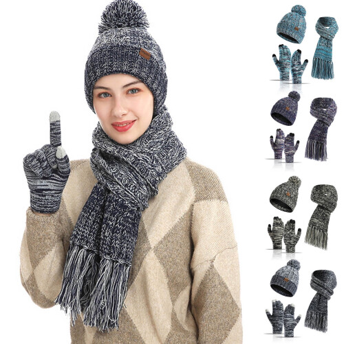 Conjunto de gorro e luvas de inverno feminino Windfall, quentinho e macio, com cachecol e gorro de tricô grosso e folgado.
