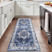 2 x 6 Washable Medallion Area Rug Non-Slip Low Pile, Foldable Accent Rug for Dining Room, Home Office, Soft Carpet, Modern Floor Mat Blue