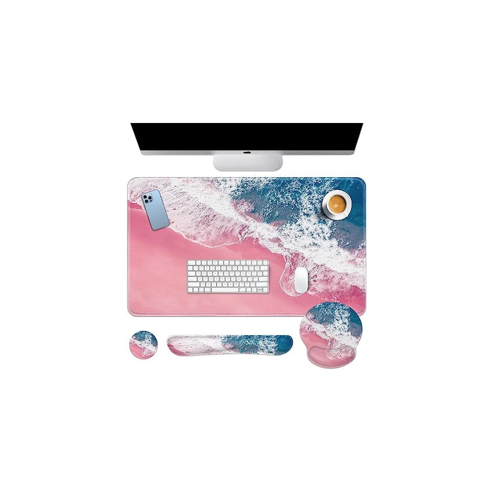 Sand Beach 4-In-1 Keyboard Mouse Pad Set (35.4X15.7") + Wrist Rests + Coaster, Ergonomic Design, Compatible With All Keyboards & Mice Pink 9180479975175