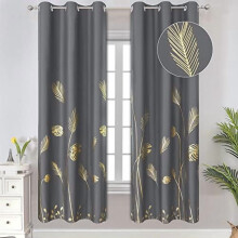 Gold Wheat & Leaf Print Light-Blocking Thermal Blackout Curtains, Dark Grey, 42"Wx72"L, 1 Pair – Compatible with standard rods