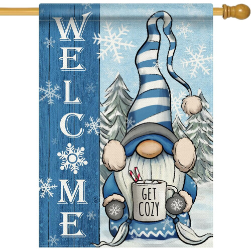 Vintergnomhusflagg blått burlap68x102 cm