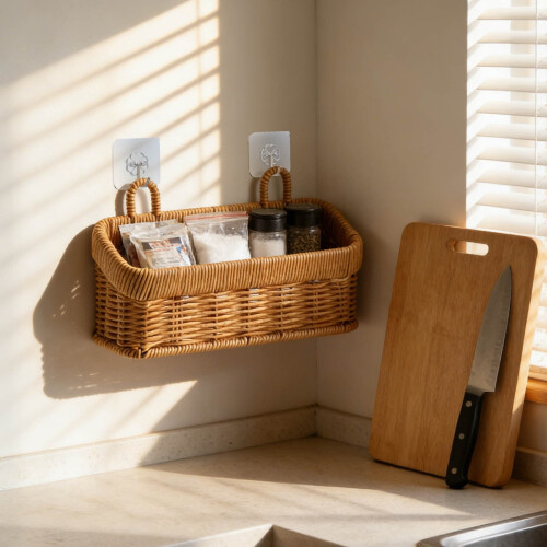 Panier de rangement mural en rotin marron 1