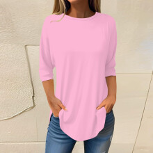Rosa Polyesterbluse in Übergröße für Damen, 3/4-Ärmel-Arbeitsbluse – einfarbiges Sommerhemd