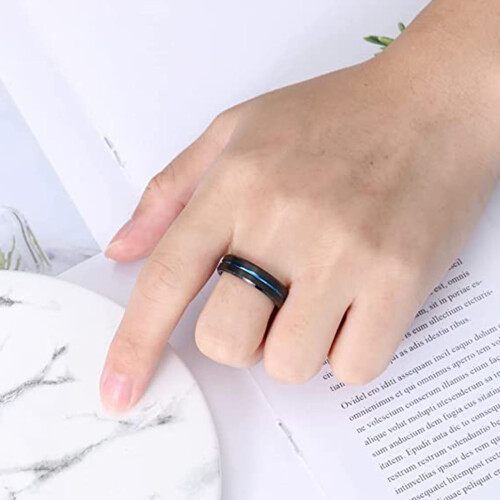 Δαχτυλίδι βολφραμίου μαύρο 6 χιλιοστών για unisex ανδρικές βέρες με μπλε αυλάκι, 1