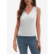 Blusas regata femininas com decote em V, sem mangas, caneladas e com botões, para o verão.