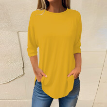 Gelbe Plus-Size-Shirts für Damen, Polyester-T-Shirts mit 3/4-Ärmeln – perfekt fürs Wochenende