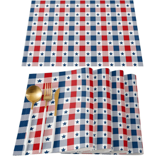 Set van 6 placemats met sterren en buffelruitmotief, ter ere van 4 juli.