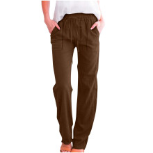 Pantaloni casual da donna a tinta unita, vita elasticizzata, gamba dritta, tessuto prelavato effetto lino, vestibilità slim, taglie dalla S alla 3XL