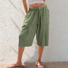 Dámske široké culottes nohavice so sťahovacou šnúrkou v páse – matné skrátené nohavice z nylonu a spandexu s vreckami, S-2XL, viacero