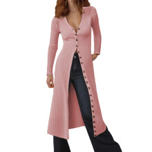 Cardigan lung tricotat pentru femei – Croială slim fit, ușoară, cu nasturi, rochie maxi în culoare uni (A-Roșu, M), compatibil cu toamna