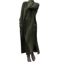Maxikleid mit langen Ärmeln, Winterkleid für Damen, modisches Damenkleid mit Rundhalsausschnitt, warmen Farben, langen Ärmeln und Taschen,