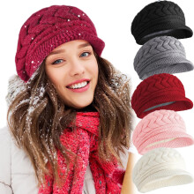 Dame vinter varm strikket lue slouchy beanie cap ull snø ski caps med visir
