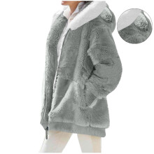 Kukoosong Damjacka med fuzzy fleece, dragkedja, huva, kofta, ytterkläder och fickor